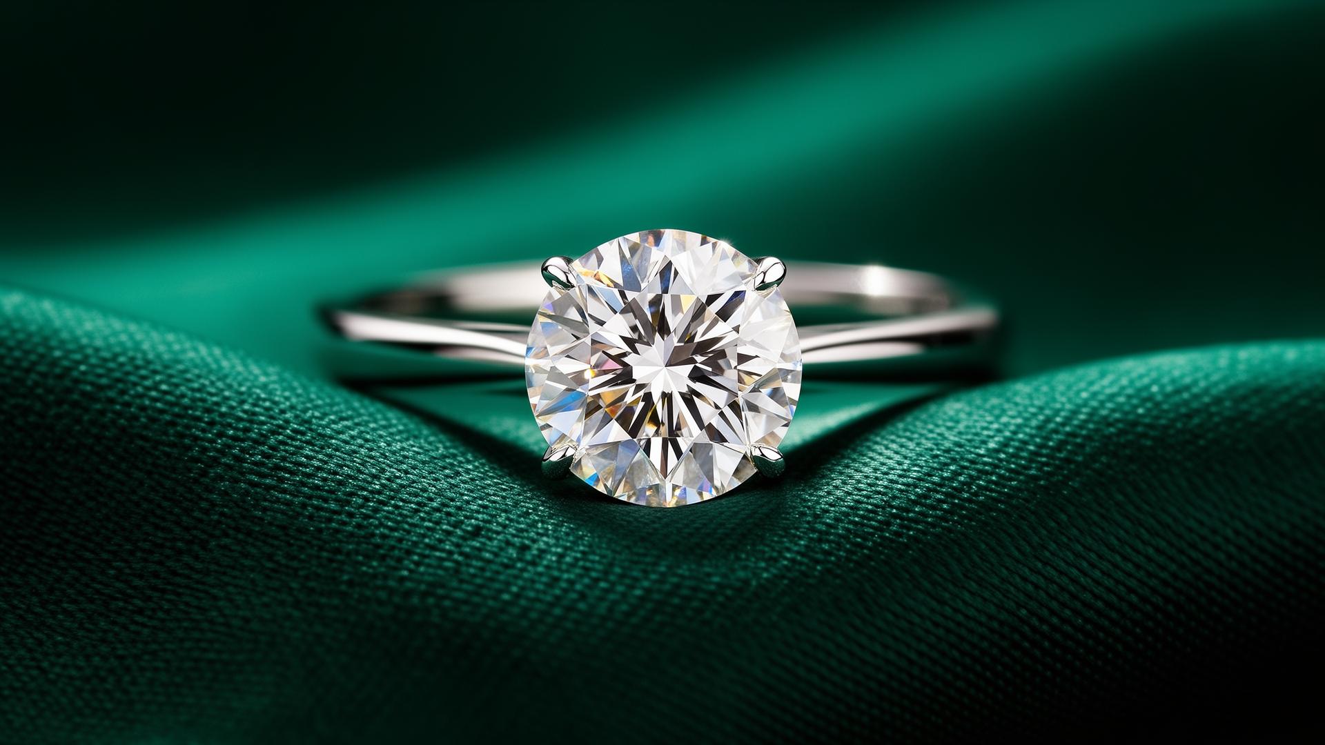Luxury moissanite solitaire ring on emerald silk